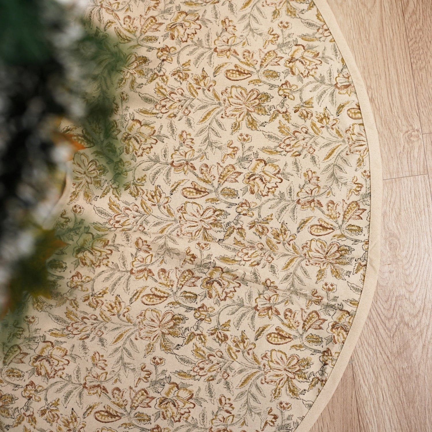 Handmade Indian Art Block Printed Gray Leaf Floral Duck Canvas Christmas Tree Skirts in Qudarat House Decor