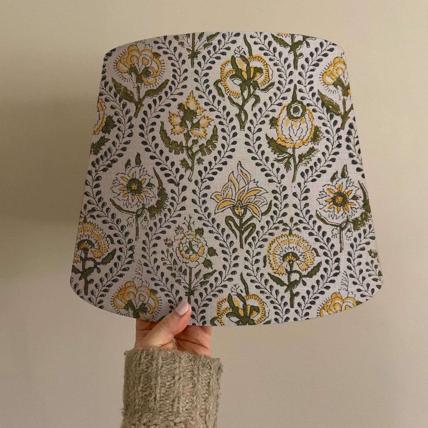 Pure Linen Block Printed Drum Lamp Shade with Amarbel Print - Elegant Floral Design - Set of 2