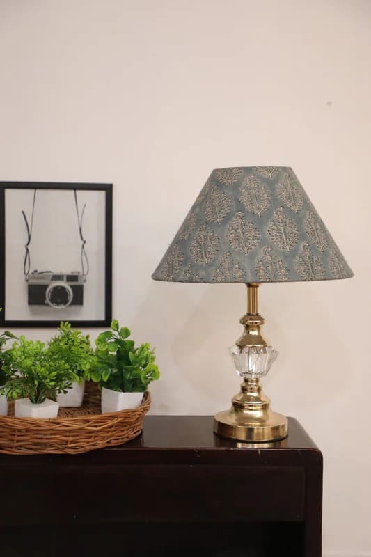 Blue block print linen lampshade for table lamp