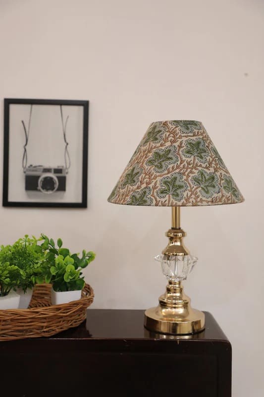 Linen drum lampshade with hand printed design