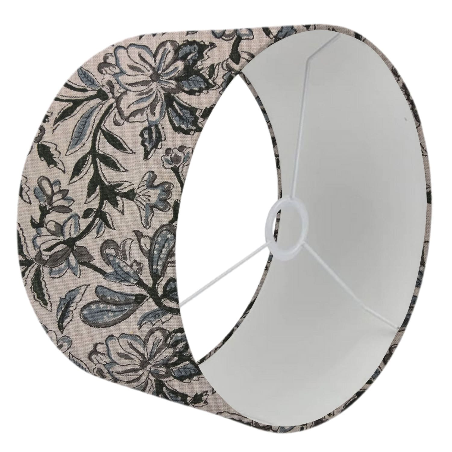 Pure Linen Block Printed Drum Table Lamp Shade - Qudrat Design in Gray and Black - Set of 2