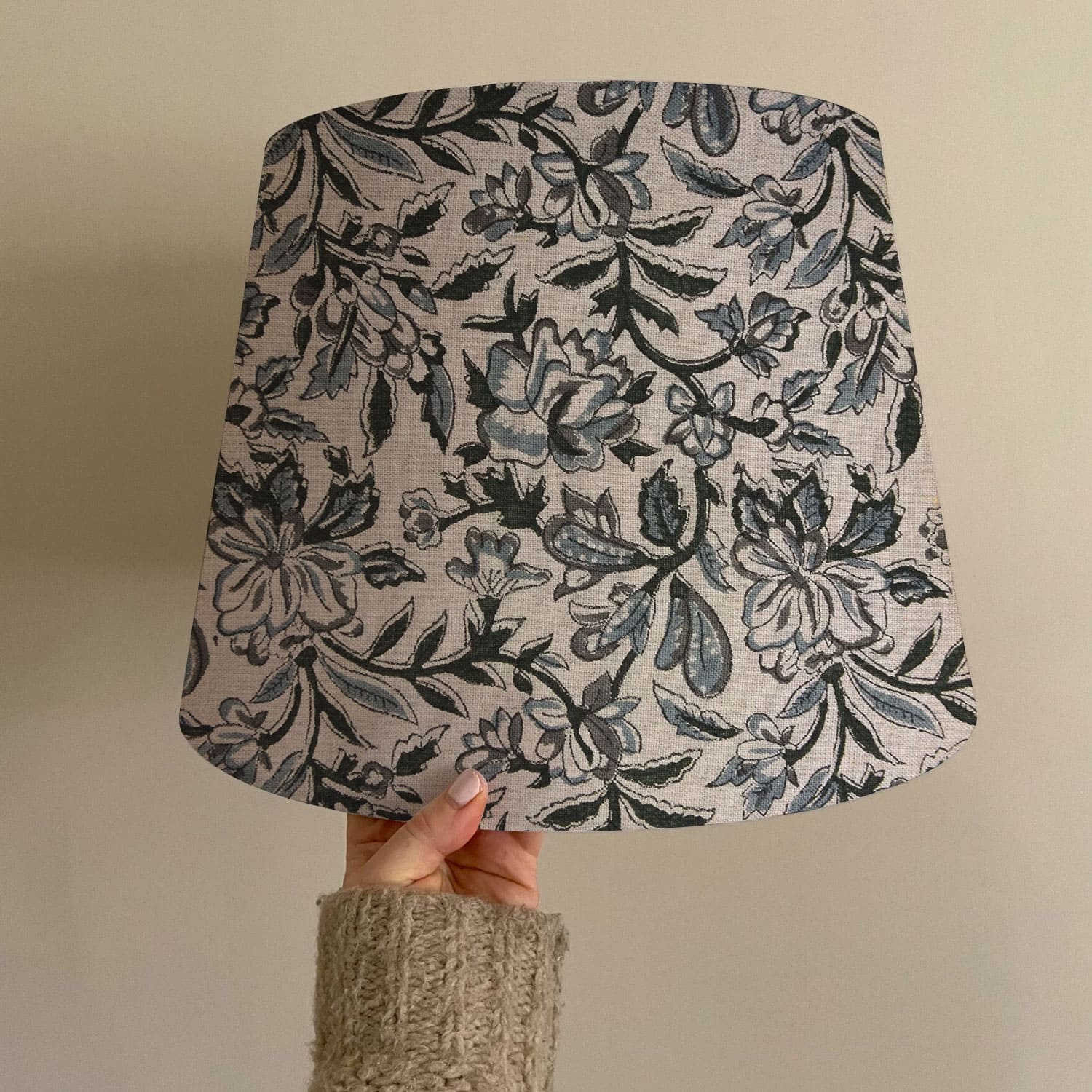 Pure Linen Block Printed Drum Table Lamp Shade - Qudrat Design in Gray and Black - Set of 2