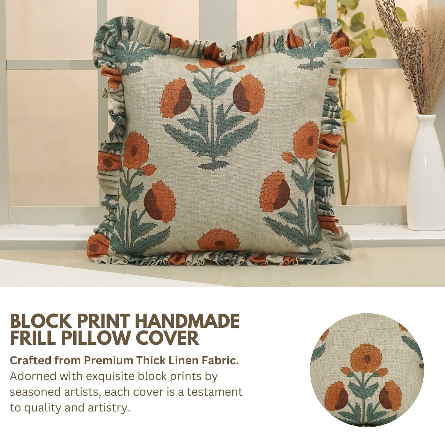 Block Printed Brown Linen Frill Pillow Cover - Badshah