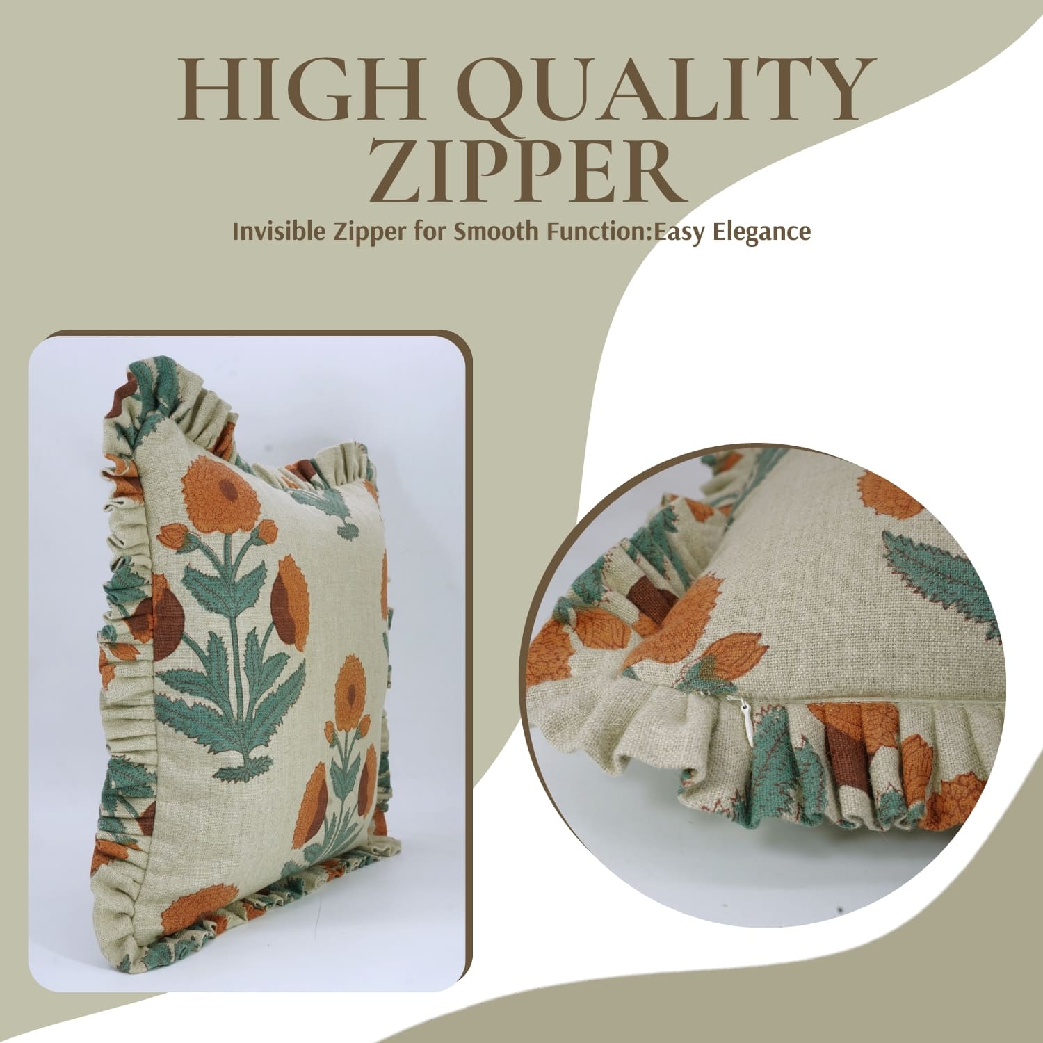 Block Printed Brown Linen Frill Pillow Cover - Badshah