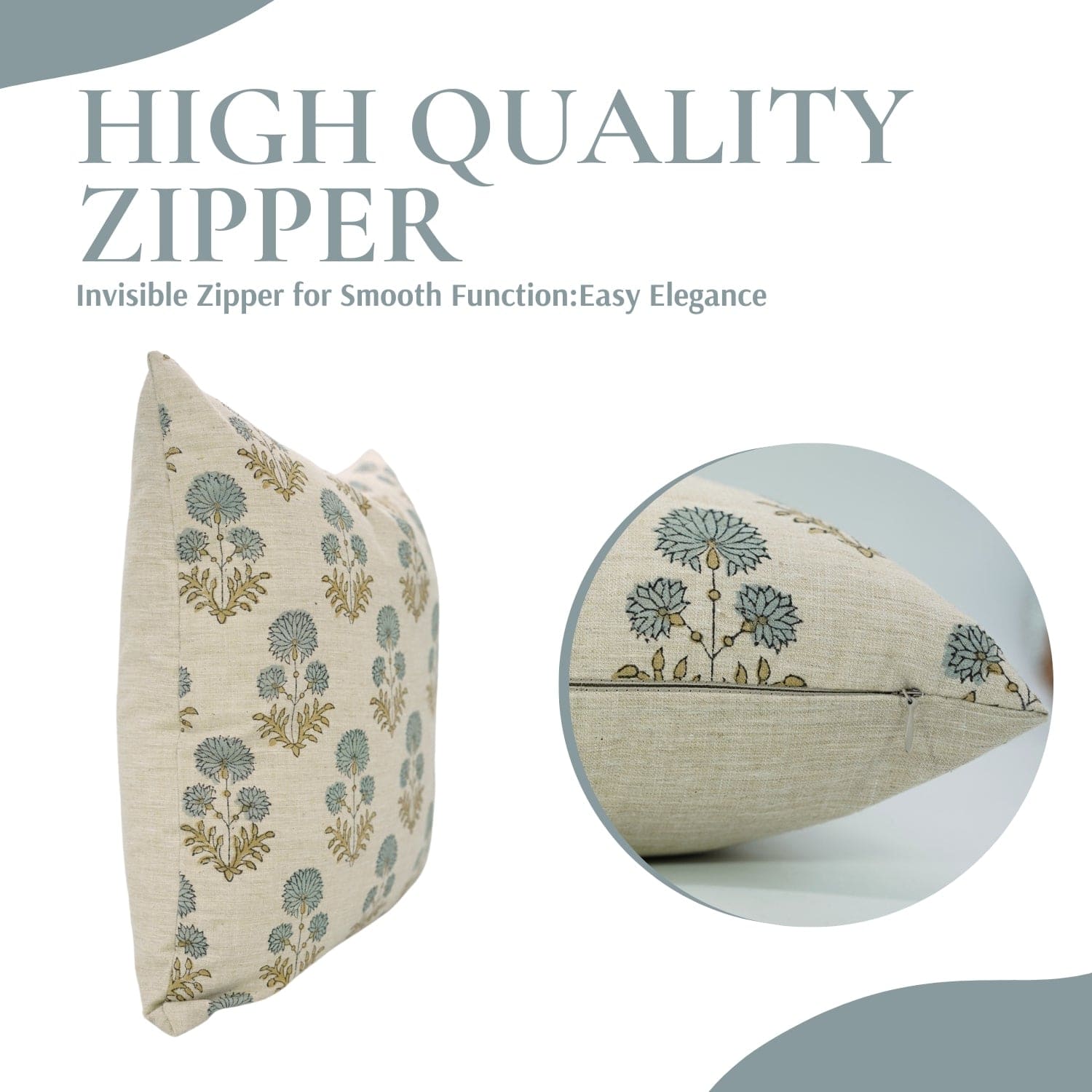 Handblock Linen Blend Blue Pillow Cover - Rishi