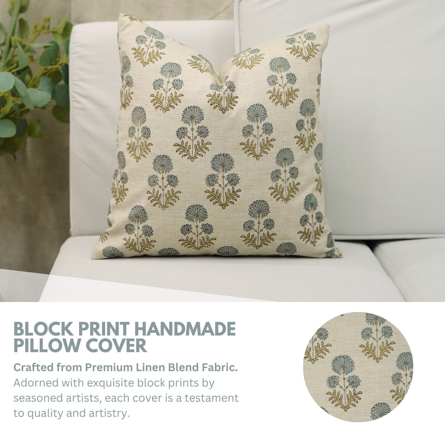 Handblock Linen Blend Blue Pillow Cover - Rishi