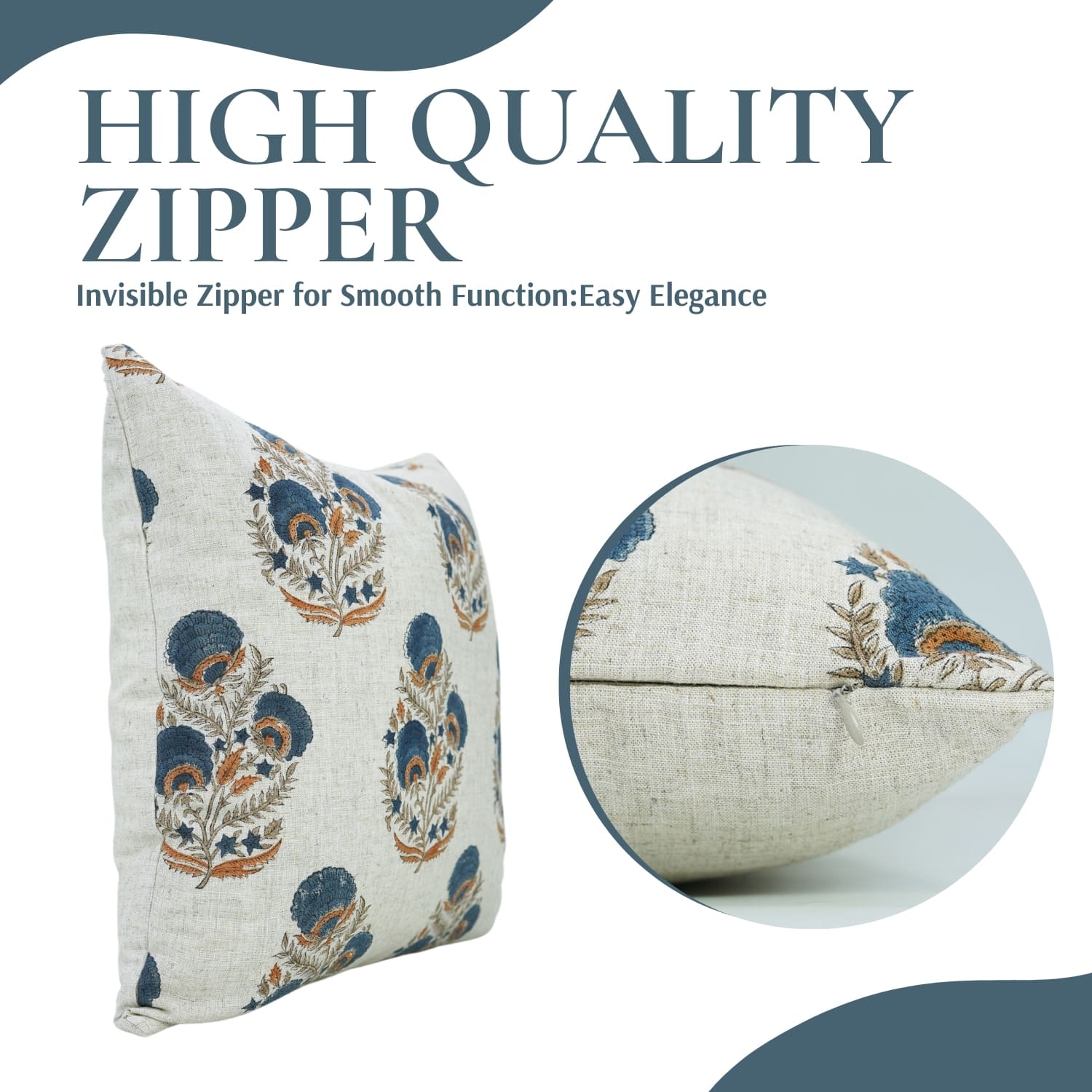 Decorative pillow with floral pattern and close-up of zipper, text 'High Quality Zipper' 