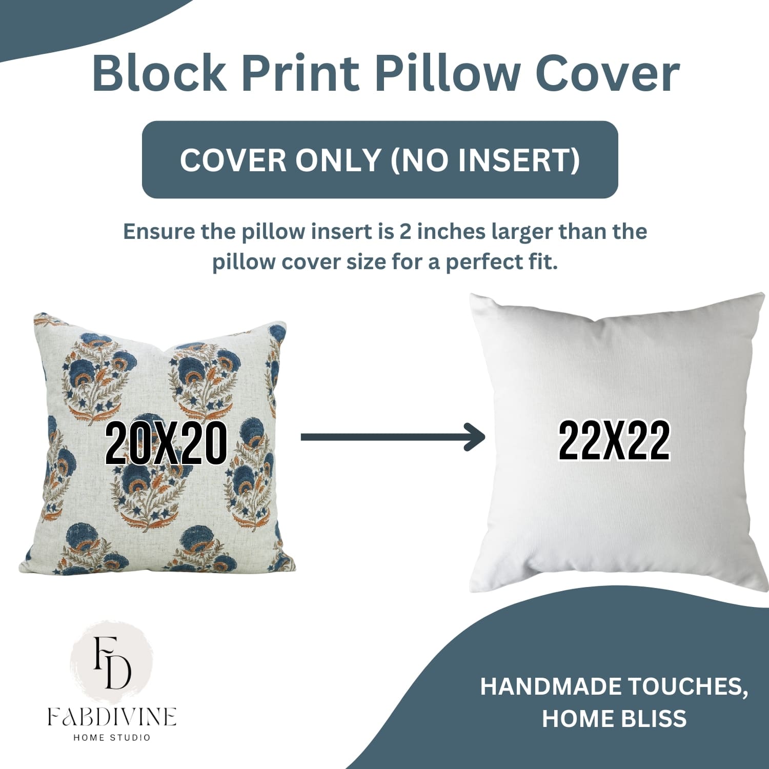 Block print pillow cover with size information and FabDivine branding.