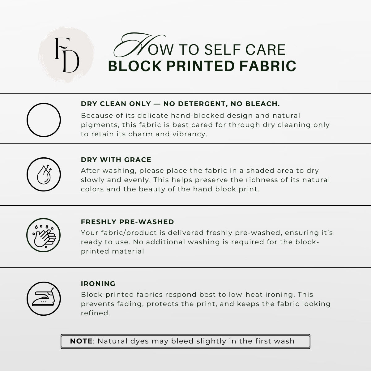 Care instructions for block printed fabric on a white background