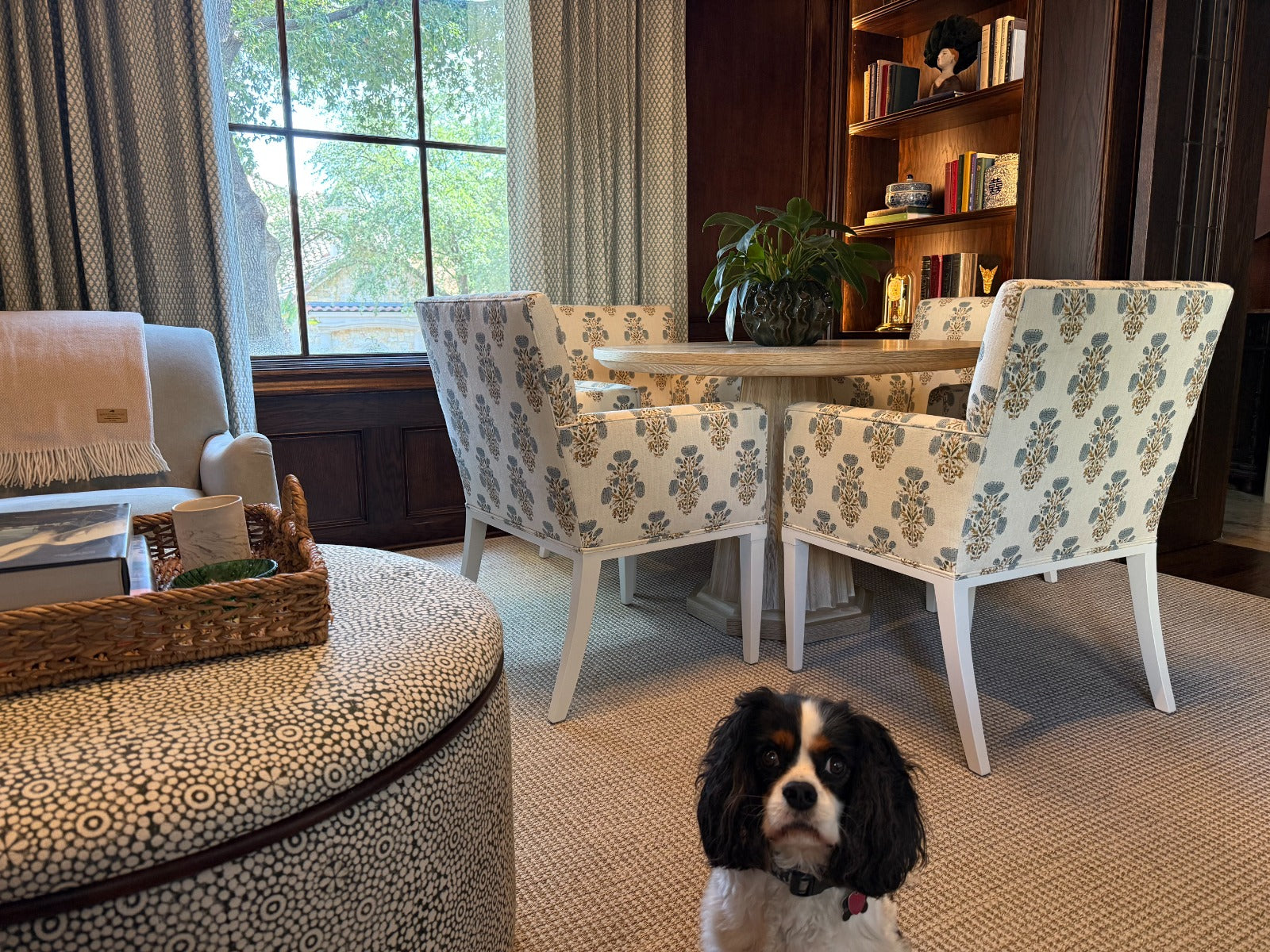 Dining room with block printed linen fabric upholstered chairs, a table, and a dog in the foreground and linen block printed curtains and roman shades using the art of block printed fabrics