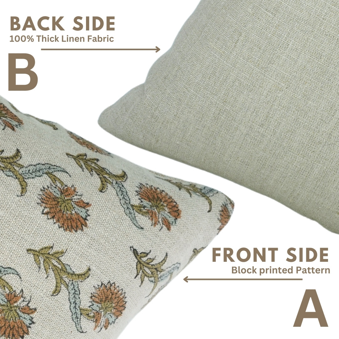 Block Printed Floral Duck Canvas Premium Quality Pillow Cover - Dafodil