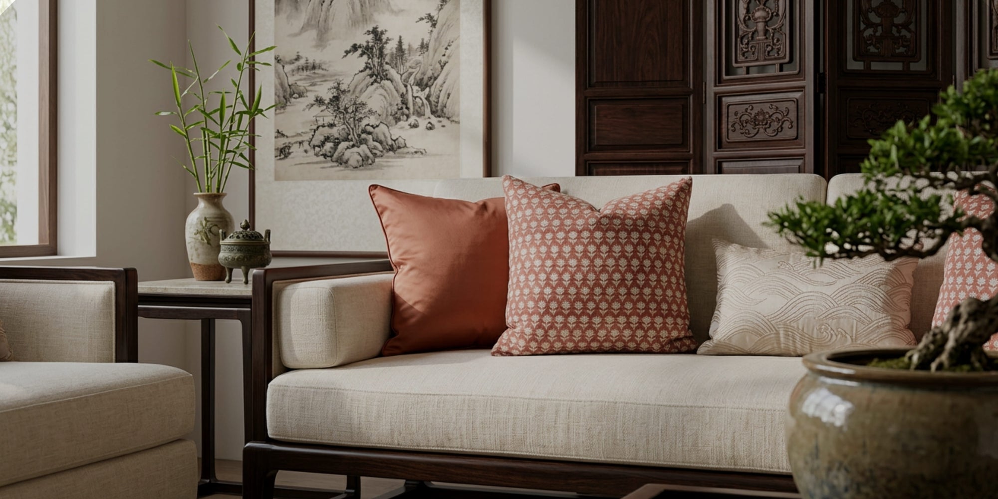 Living room with a beige sofa, decorative pillow