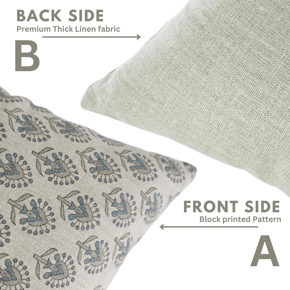 Pudina Green Floral Block Print Cushion Cover | Linen Blend | Indian Handmade