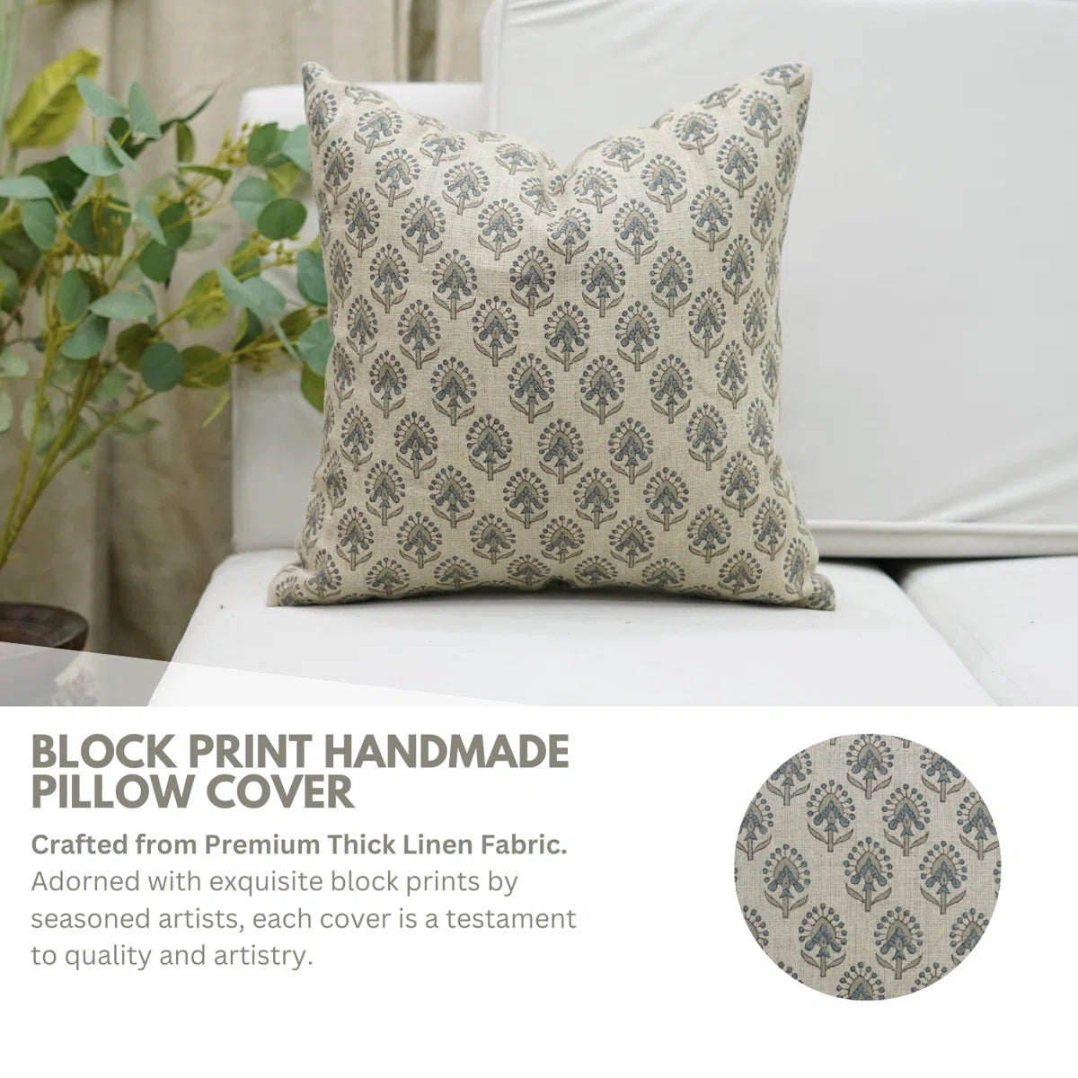 Pudina Green Floral Block Print Cushion Cover | Linen Blend | Indian Handmade