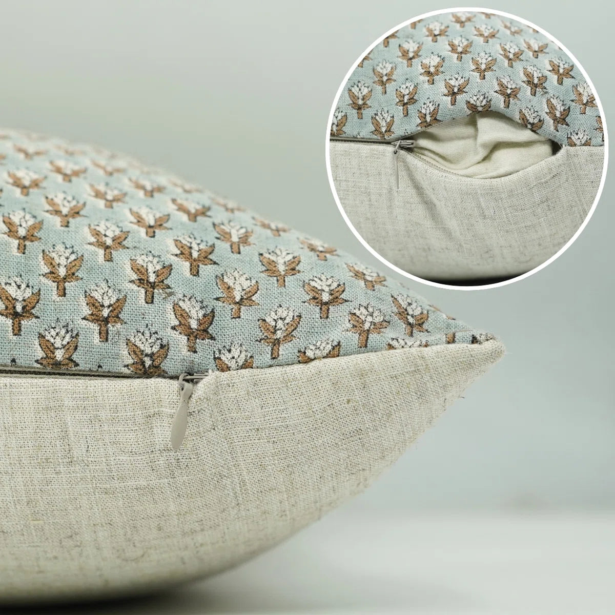 Mogra Blue Block Print Cushion Cover | Viscose Linen Boho Decor