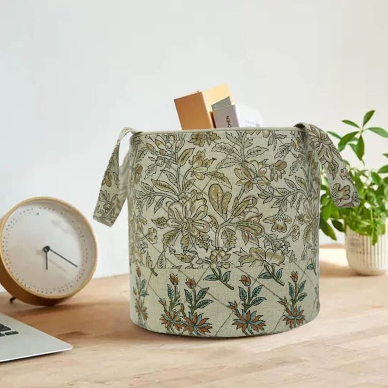 Handmade linen basket with hand print design 
