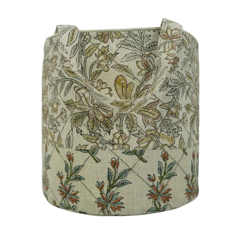 Rustic linen basket with block print pattern 