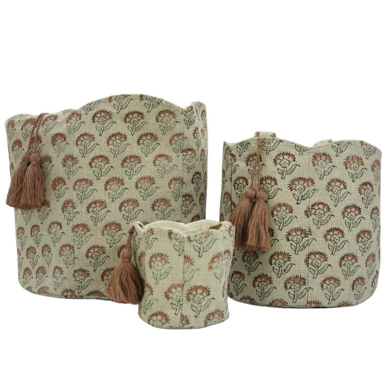 Basket linen Roman shades with block print design