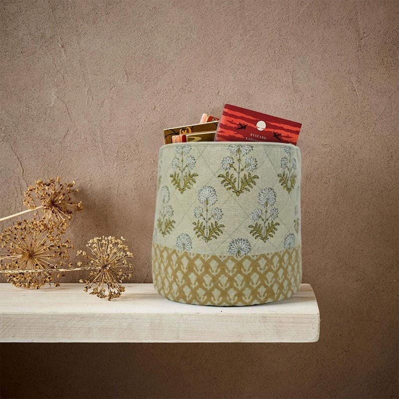Linen basket with floral hand print pattern