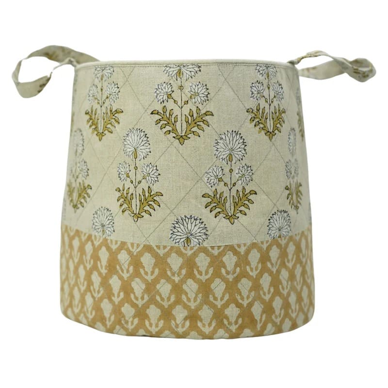 Block print basket linen for rustic interior   