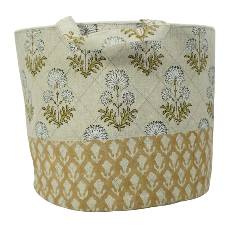 Linen basket with hand print botanical design