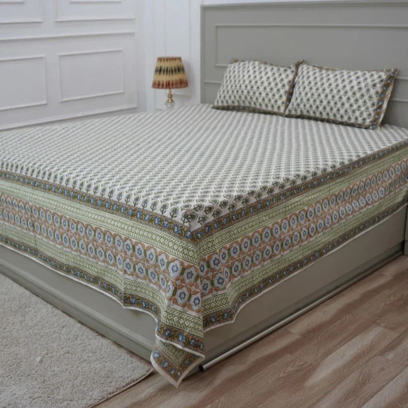 Block Print Floral Pure Cotton Bedsheet - Gurukul