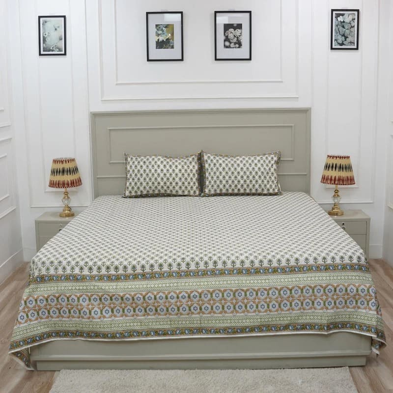 Block Print Floral Pure Cotton Bedsheet - Gurukul