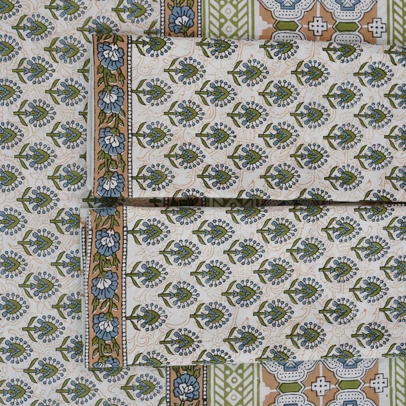 Block Print Floral Pure Cotton Bedsheet - Gurukul