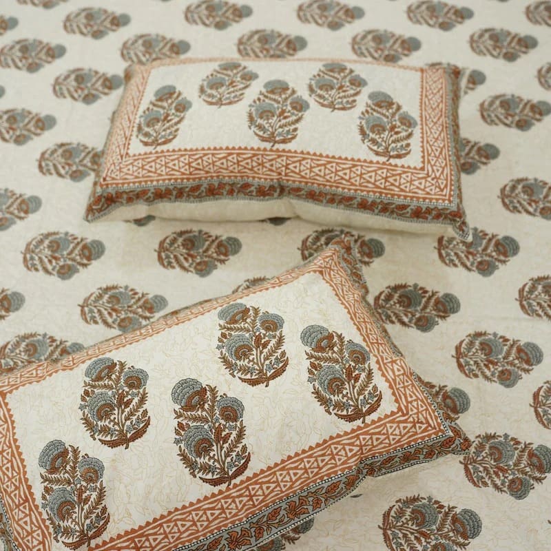 Hand Print 100% Cotton Bedsheets in Gray - Mohini