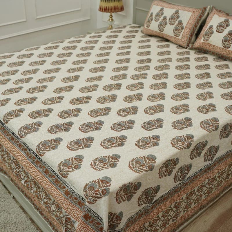 Hand Print 100% Cotton Bedsheets in Gray - Mohini