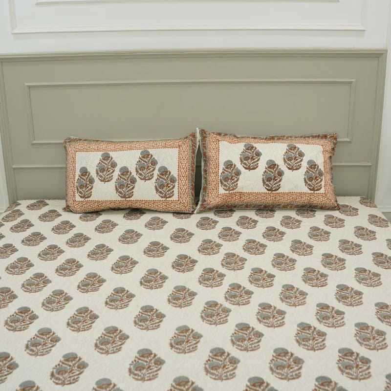 Hand Print 100% Cotton Bedsheets in Gray - Mohini