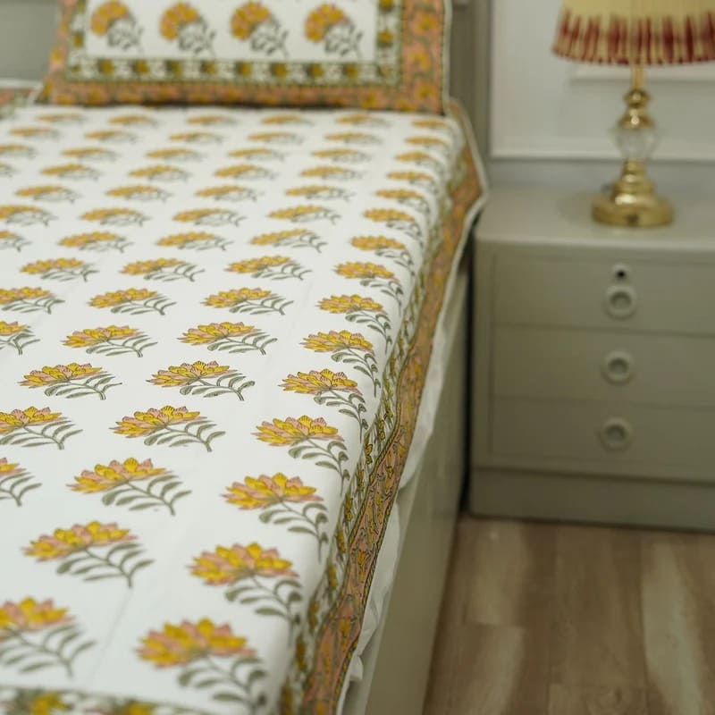 Handmade Mustard Summer Flower Cotton Bedsheets