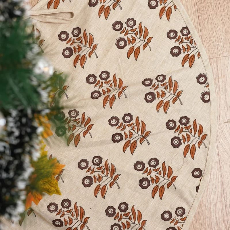 Neha Tree Linen Blend Block Print Neha Christmas Treeskirts in Brown Floral ...