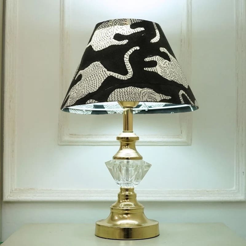 Tall conical linen lampshade with print patterns