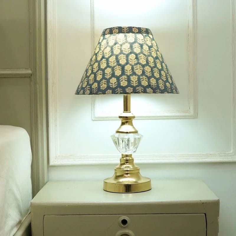 Tall conical linen lampshade with print patterns