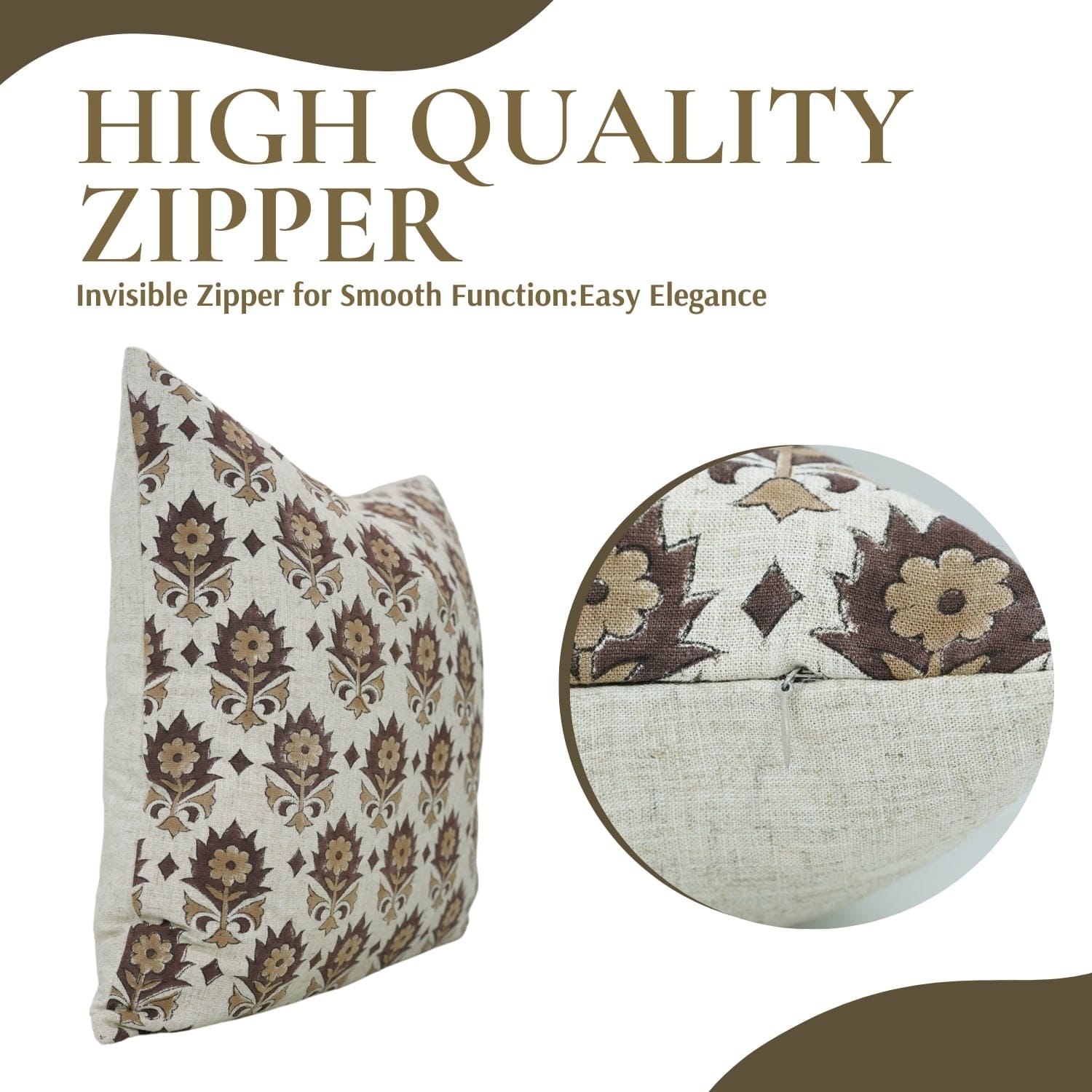 Decorative pillow with floral pattern and close-up of zipper, text 'High Quality Zipper' on a white background.