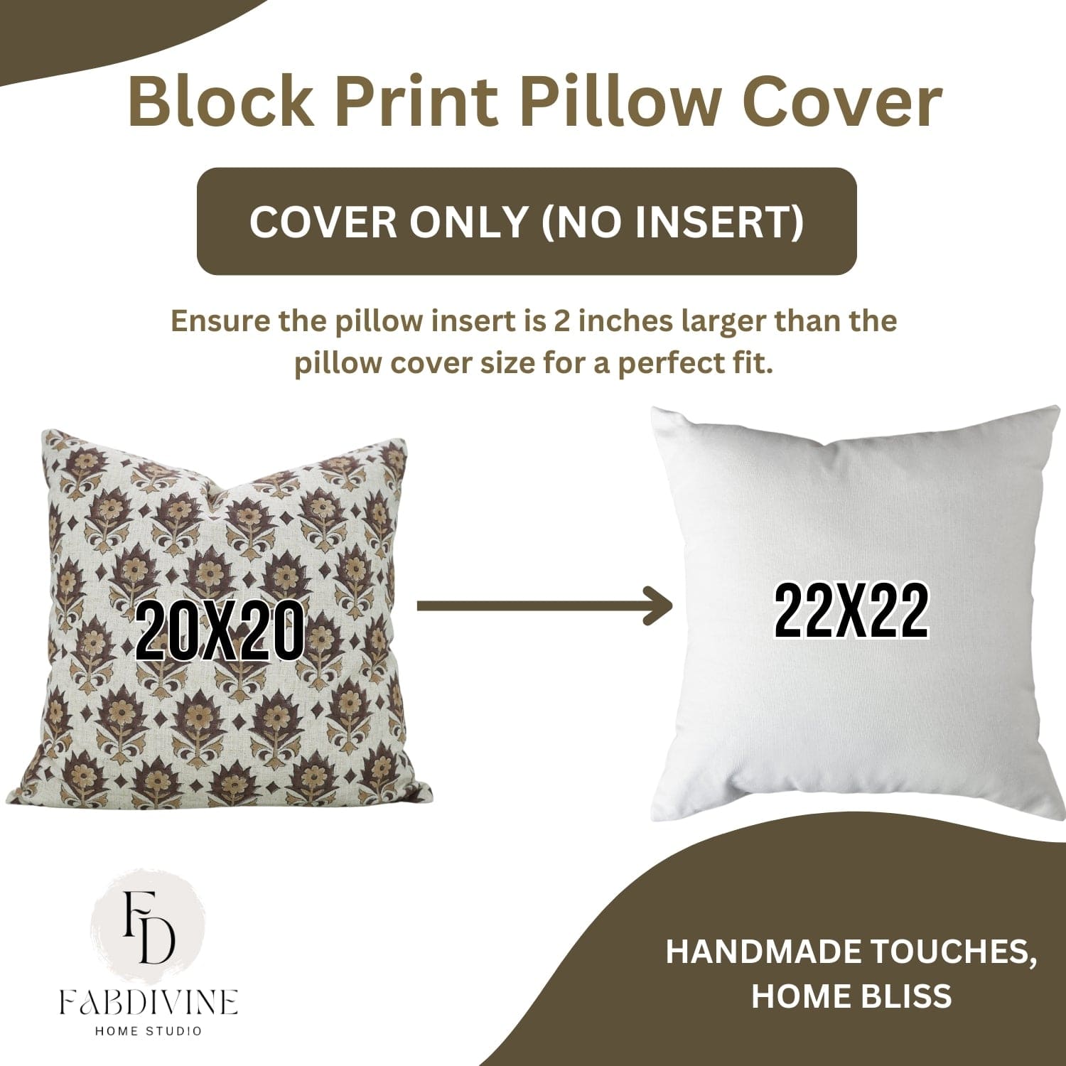 Block print pillow cover with size information and FarDivine Home Studio branding.

