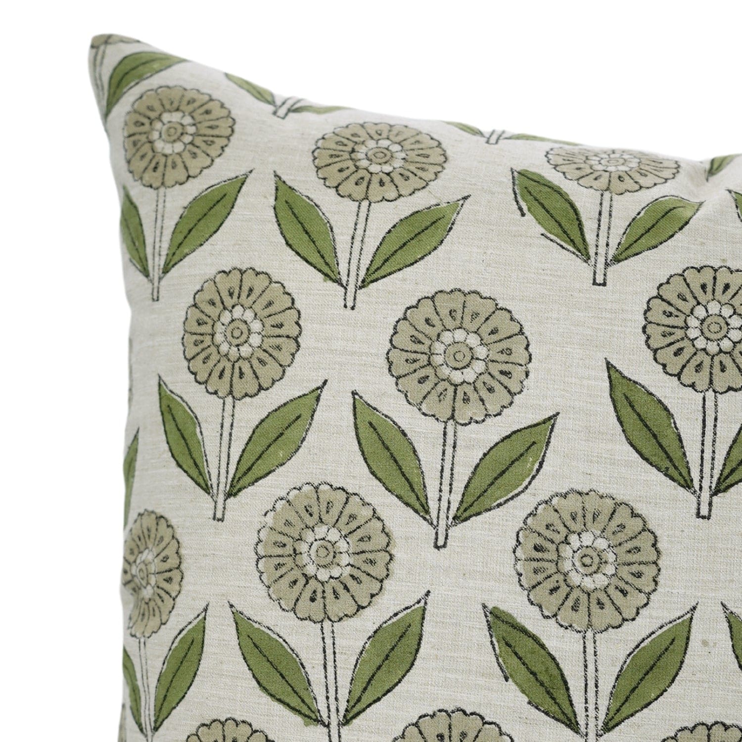 White cushion cover with green floral handblock print design