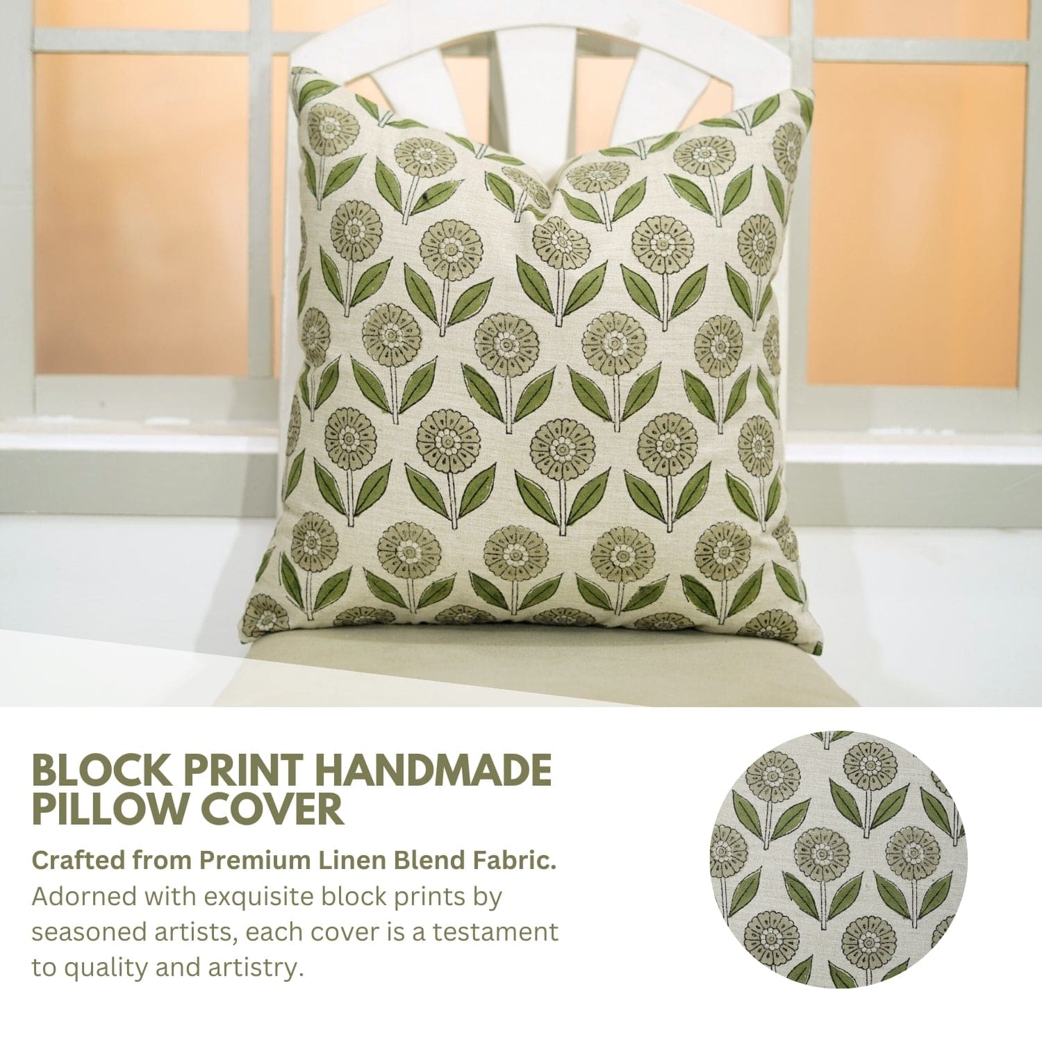 Handblock print handmade pillow cover with green floral pattern on a white background