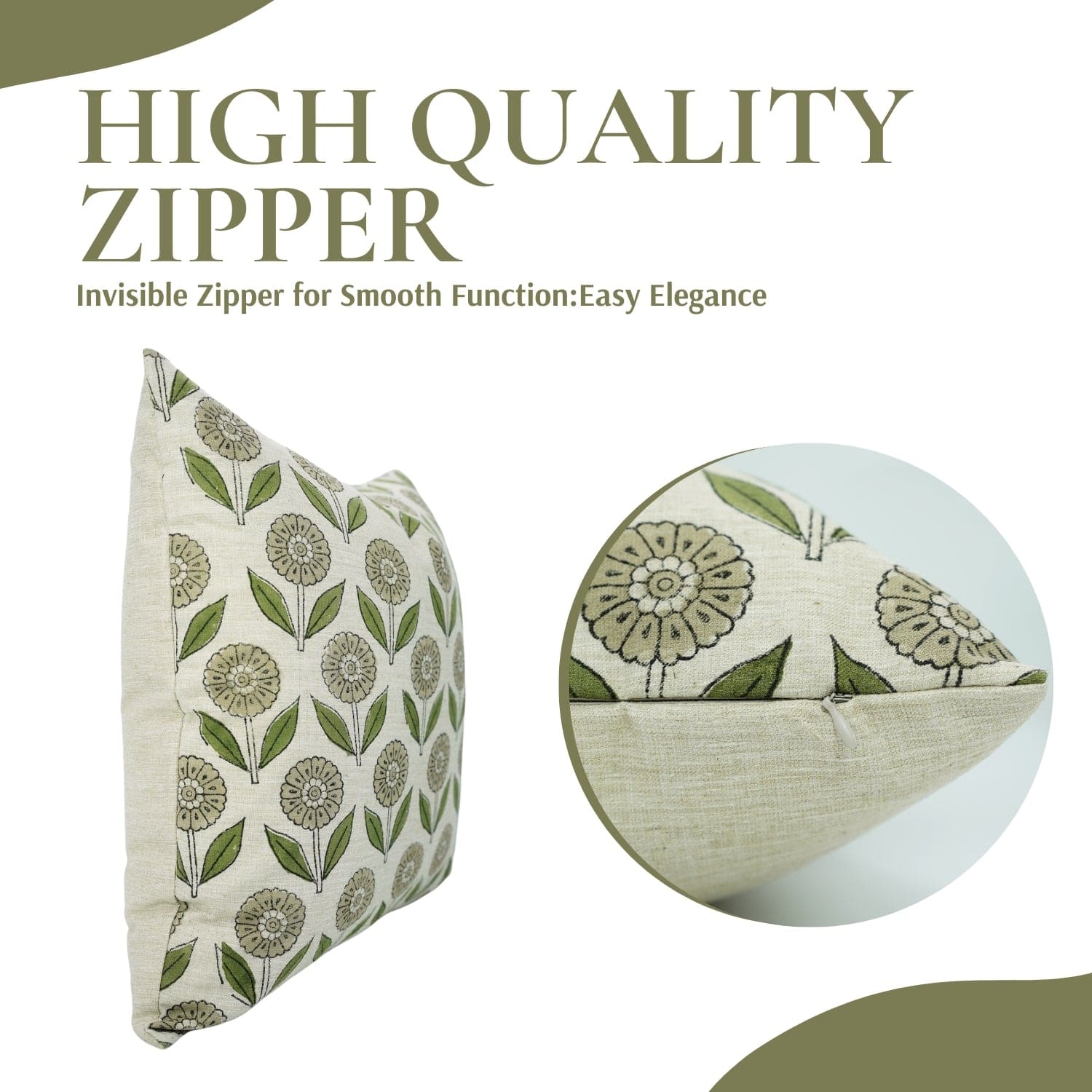 Handblock print textile featuring floral design and labeled high-quality zipper on white fabric