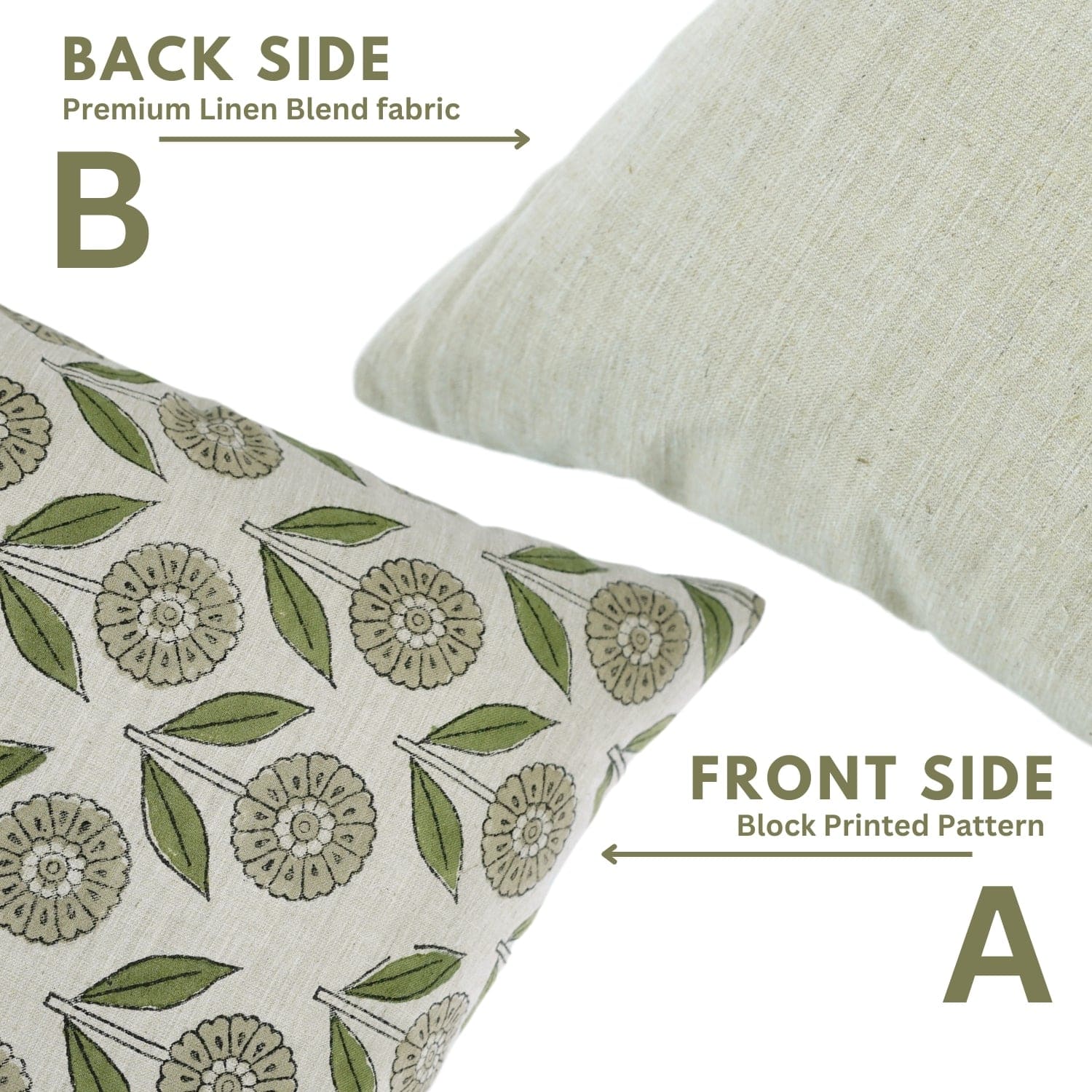Set of two pillows with green floral handblock print on one side and plain fabric on the other
