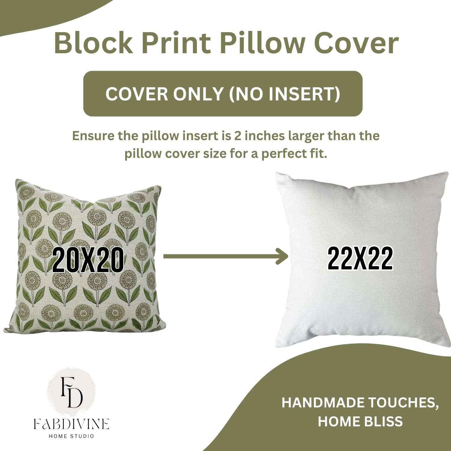 Decorative handblock print cushion cover displaying size details and Fab Divine Home Studio logo