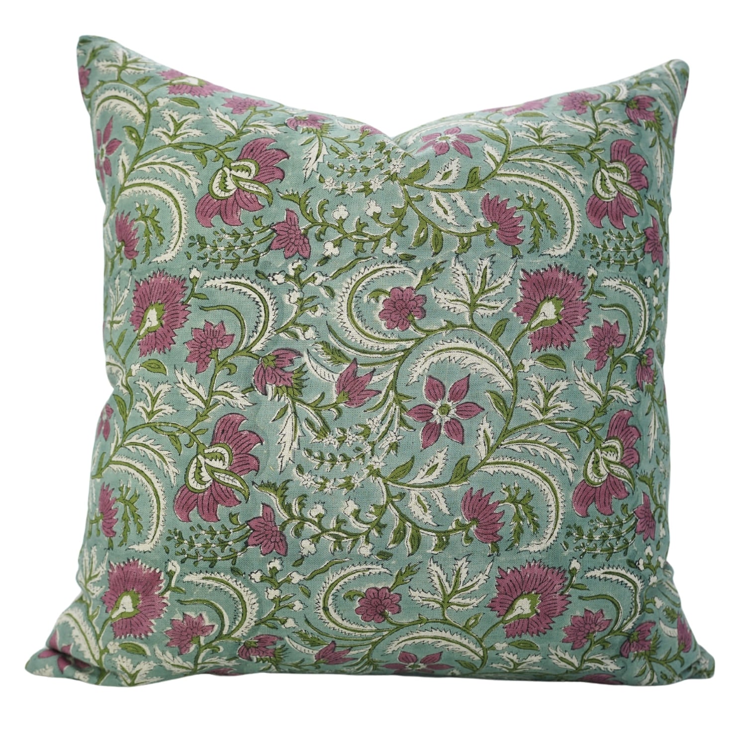 Decorative boho pillow case with pink and green floral pattern 