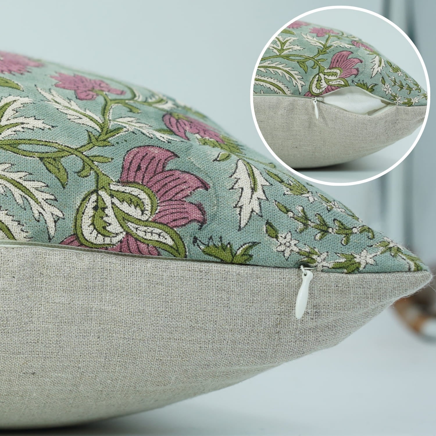 Floral patterned pillow with a close-up of the fabric texture of boho pillow case
