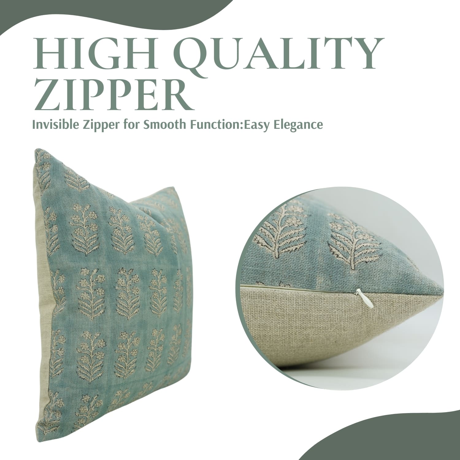 Decorative pillow with an embroidered pattern on a white background, featuring text about high-quality zipper.