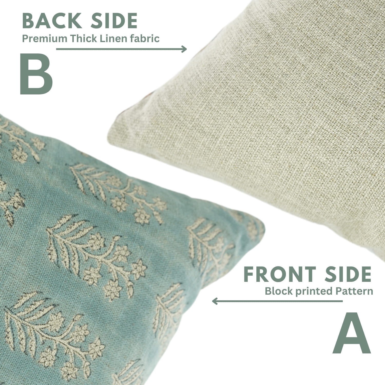 Two pillows showing front and back sides with text indicating fabric type and pattern.