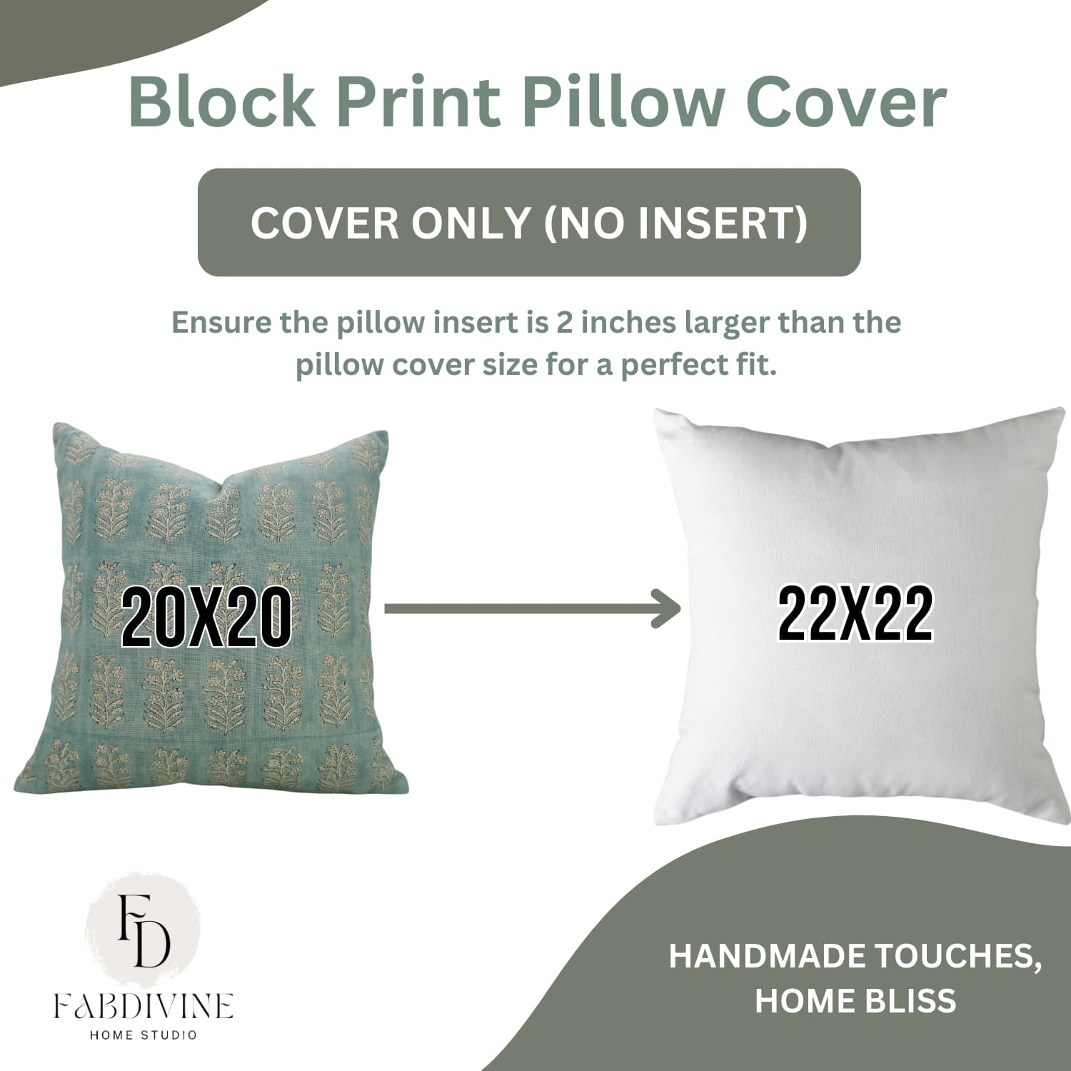 Two pillow covers with dimensions 20x20 and 22x22, labeled 'Cover Only' without insert, from Fabdivine Home Studio.