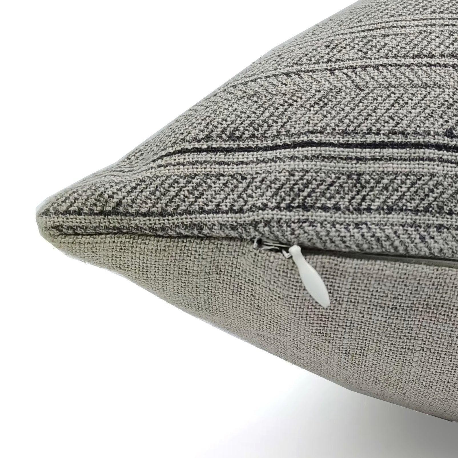 Gray textured outdoor pillow cover with zipper on a white background