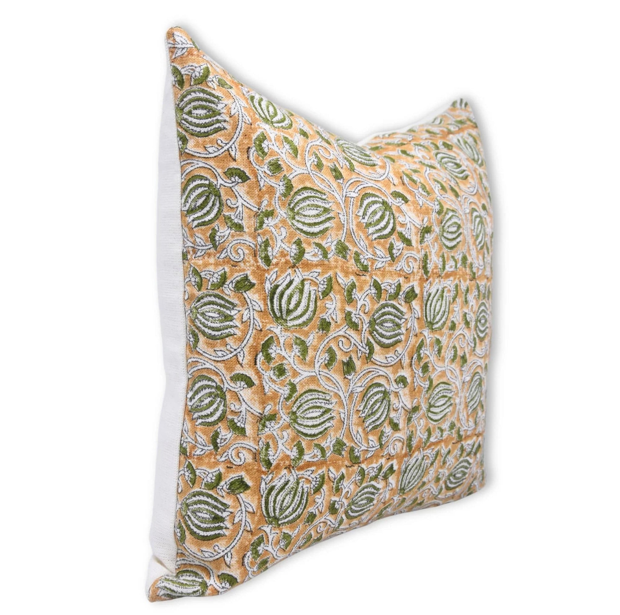 Decorative pillow with green floral pattern on off white linen fabric