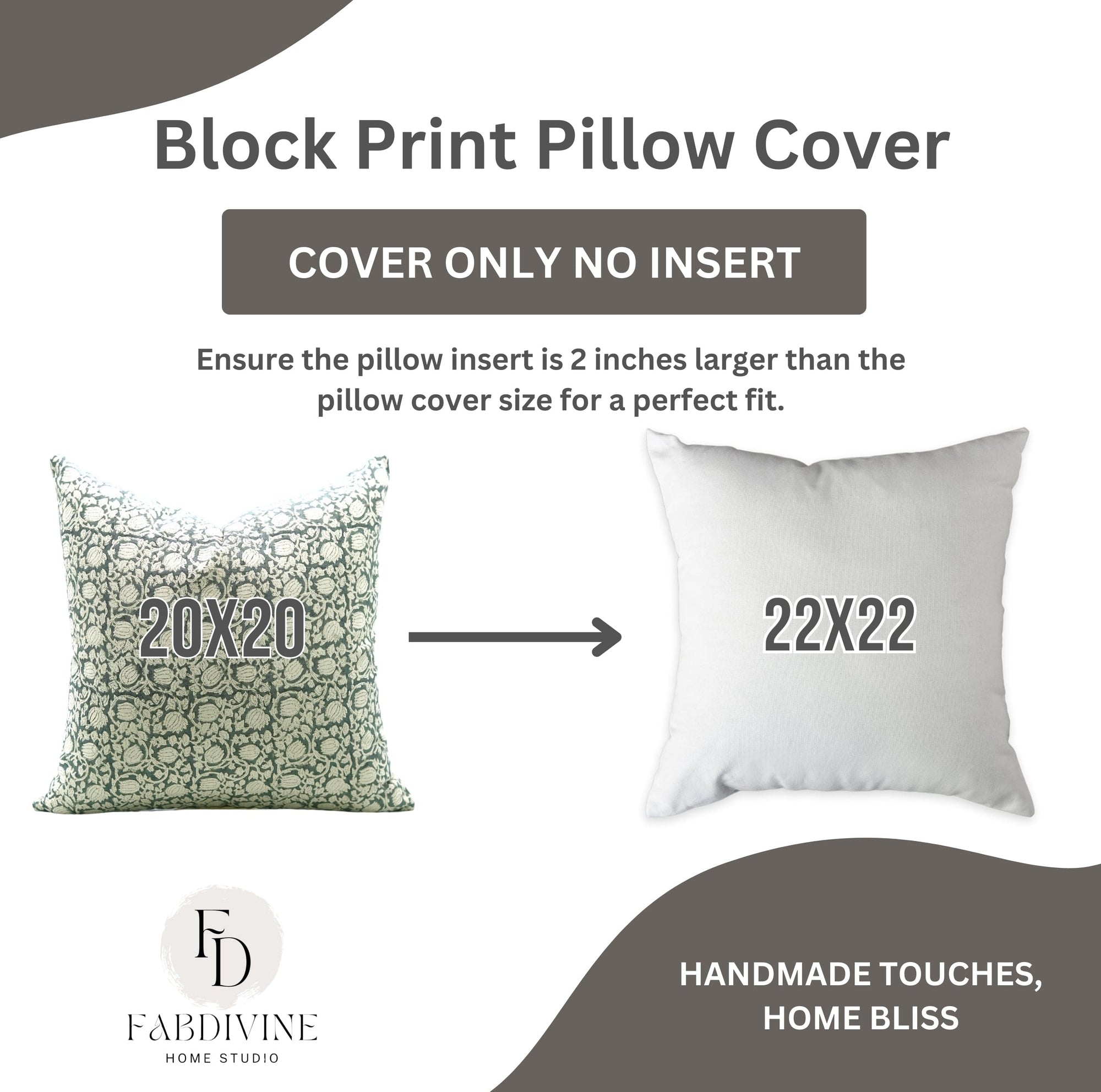 Block Print Pillow Cover with size comparison and Fabdivine branding